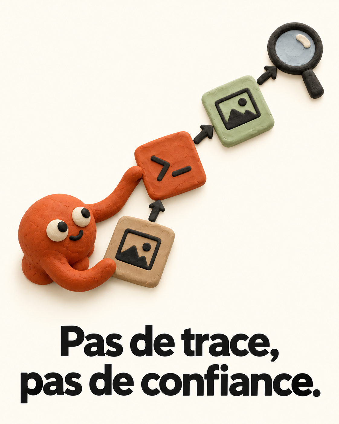 One-pager vertical en pâte à modeler montrant une chaîne entrée, commande, sortie et revue