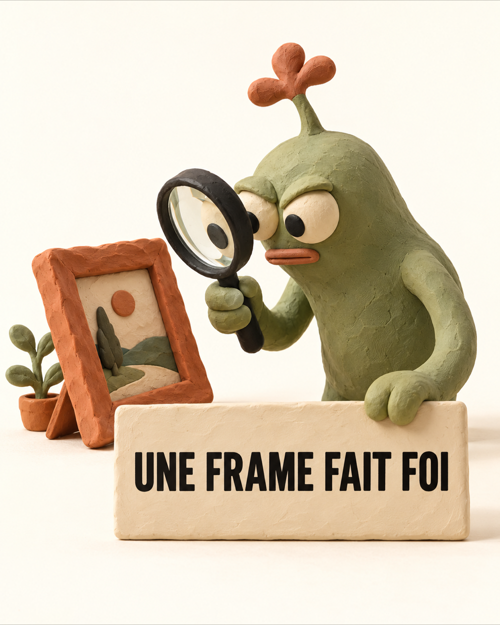 Onepager vertical en plasticine : une créature inspecte une frame à la loupe avec le message « UNE FRAME FAIT FOI », métaphore de la relecture HyperFrames.