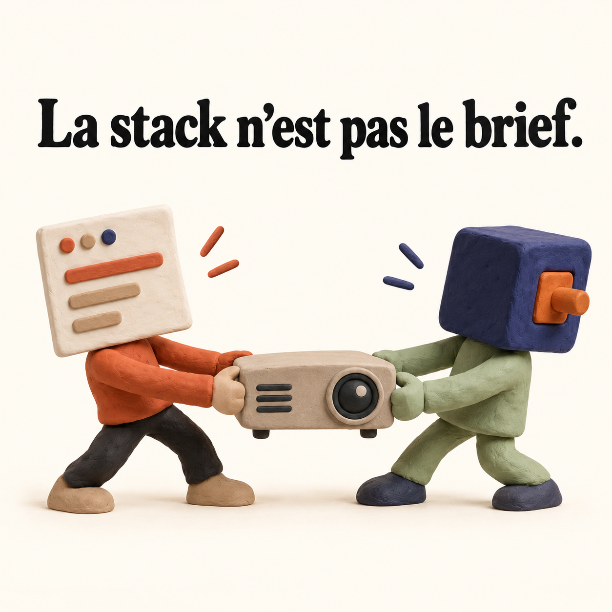 Deux créatures, l’une à tête de page et l’autre à tête de bloc, tirent sur un projecteur autour du message La stack n’est pas le brief.