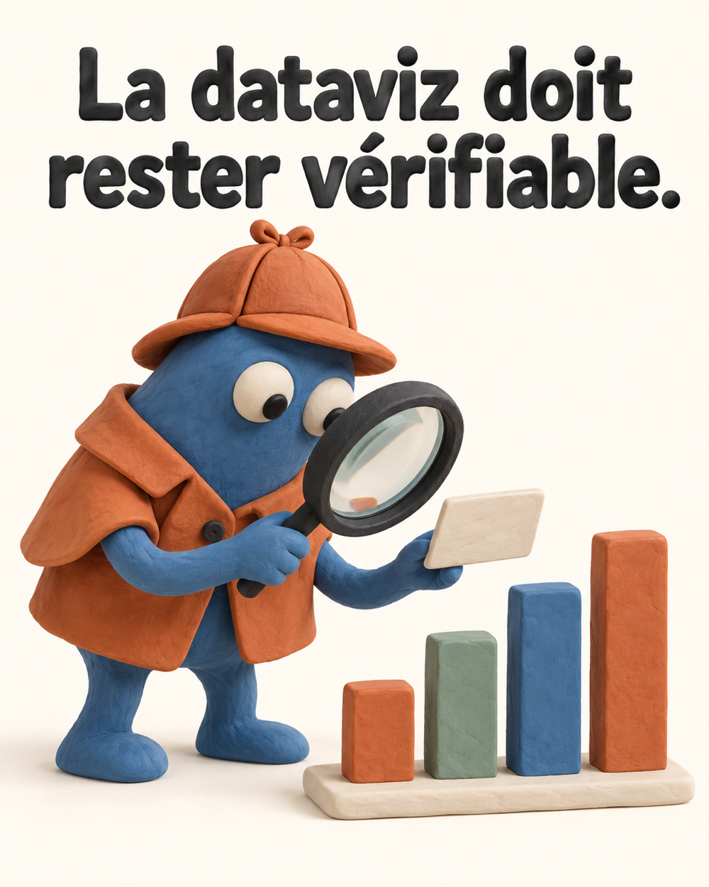 Onepager en pâte à modeler où une créature détective vérifie un graphique en barres avec une loupe