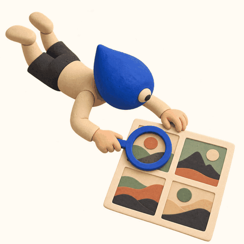 Personnage en plasticine à tête de goutte bleue, allongé devant quatre vignettes, déplace un cadre circulaire pour les inspecter.