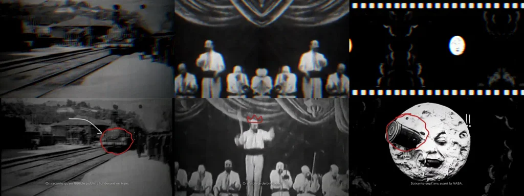 Storyboard d’un film en motion design inspiré de Méliès, avec une gare, un chœur sur scène et une lune dessinée, annotés de flèches et de cercles.