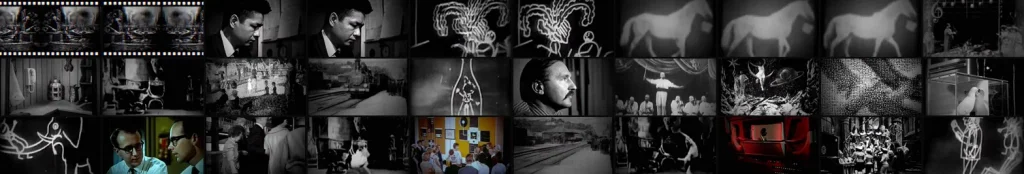 Planche-contact d’un montage de motion design inspiré du cinéma de Georges Méliès, mêlant scènes de film en noir et blanc, dessins et accents rouges.