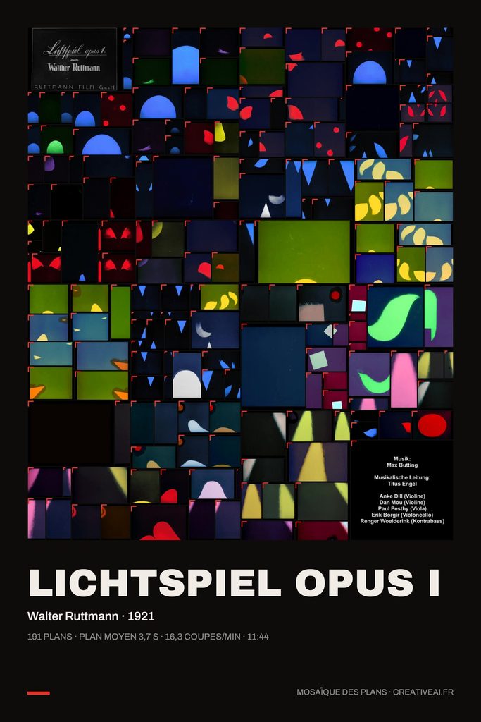 Mosaïque de photogrammes de Lichtspiel Opus I : la surface des cases représente la durée des plans, les angles rouges signalent les coupes détectées.