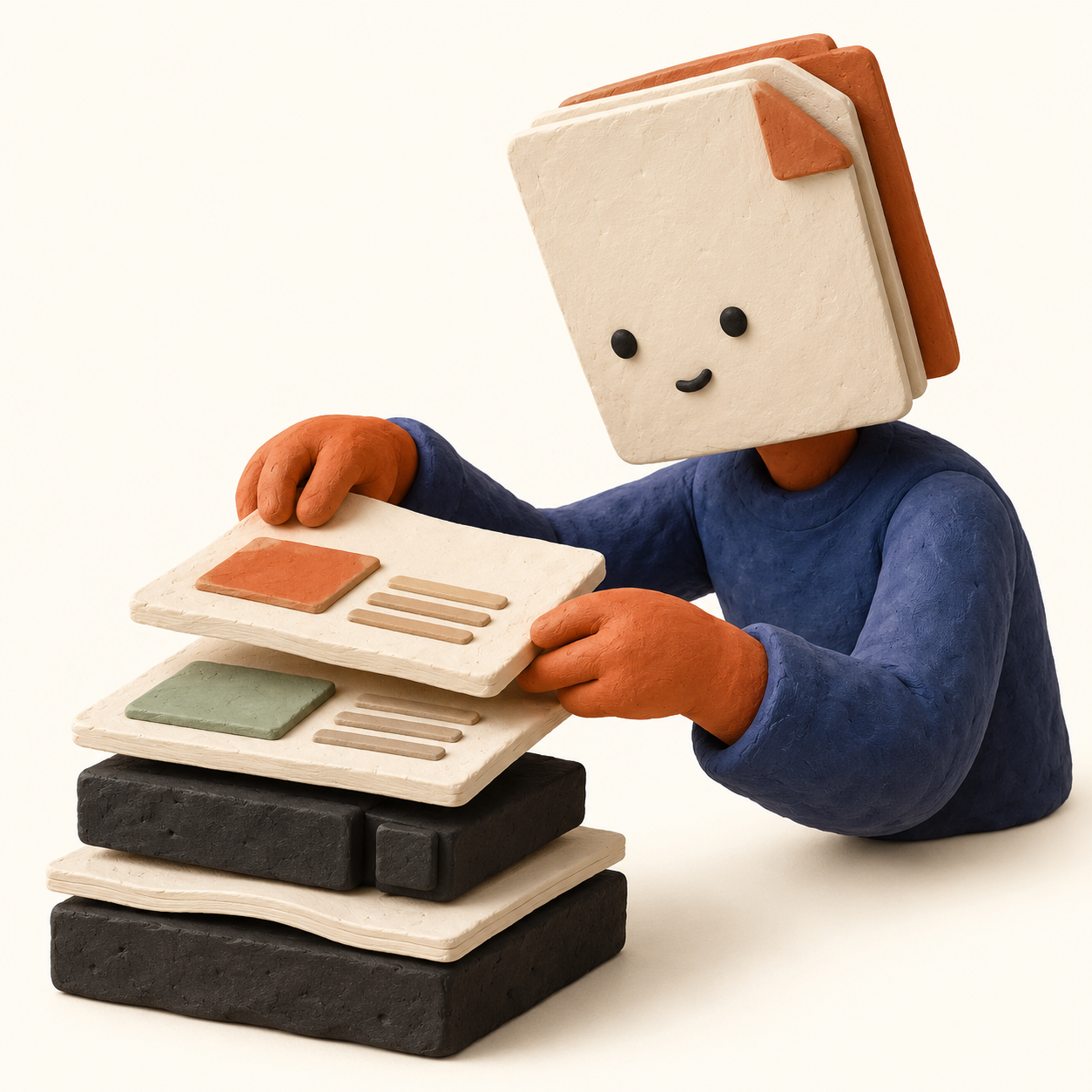 Créature en pâte à modeler assemblant des pages et des blocs pour représenter un modèle d’auteur HTML.