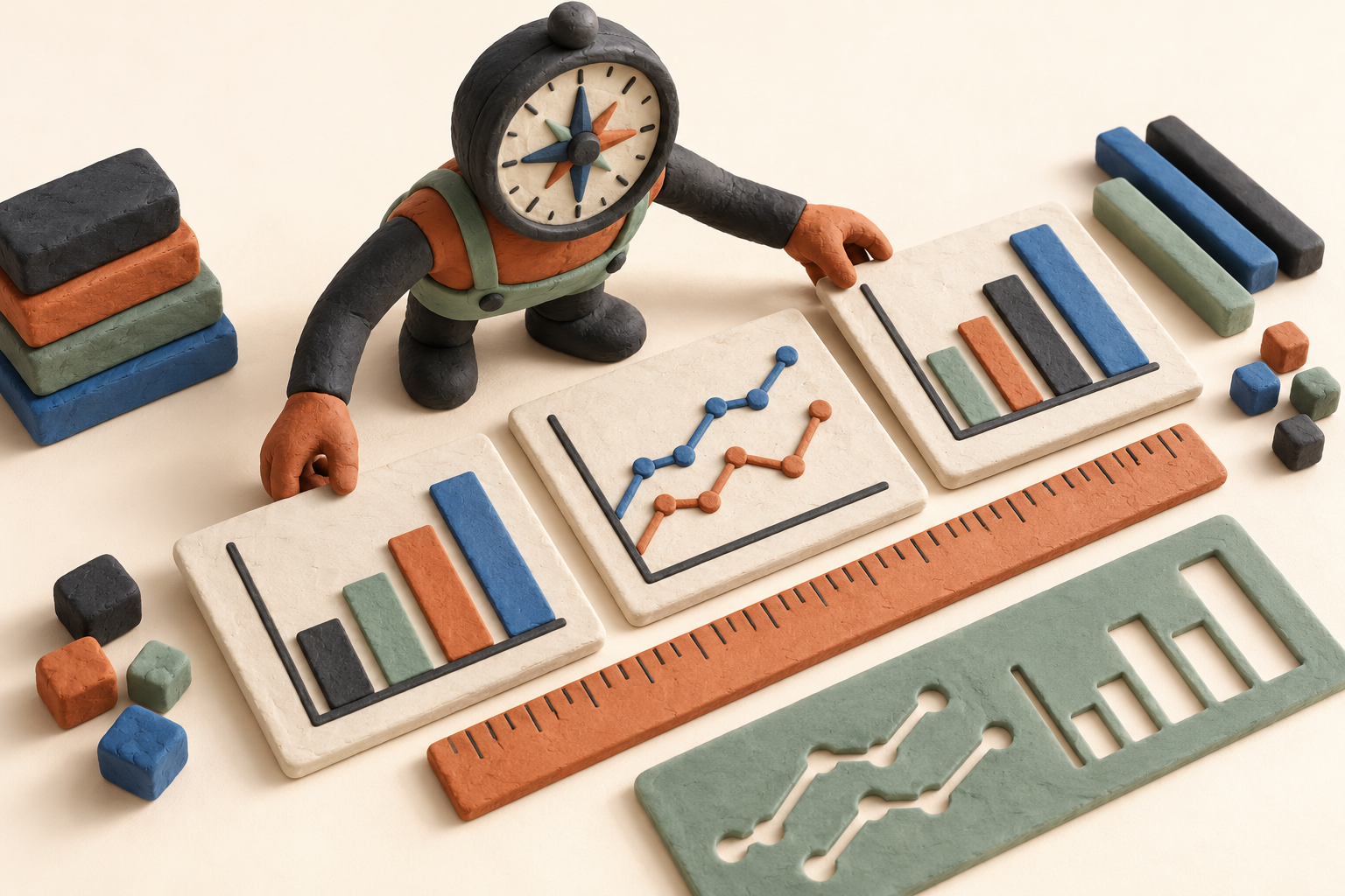 Créature en pâte à modeler qui aligne trois plaques de graphiques avec une règle et un gabarit