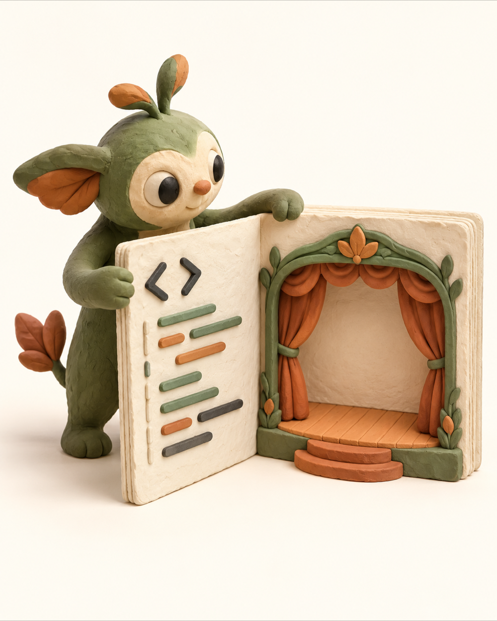 Illustration en plasticine d’une créature ouvrant une page HTML sur un petit théâtre, métaphore d’un storyboard HyperFrames éditable.