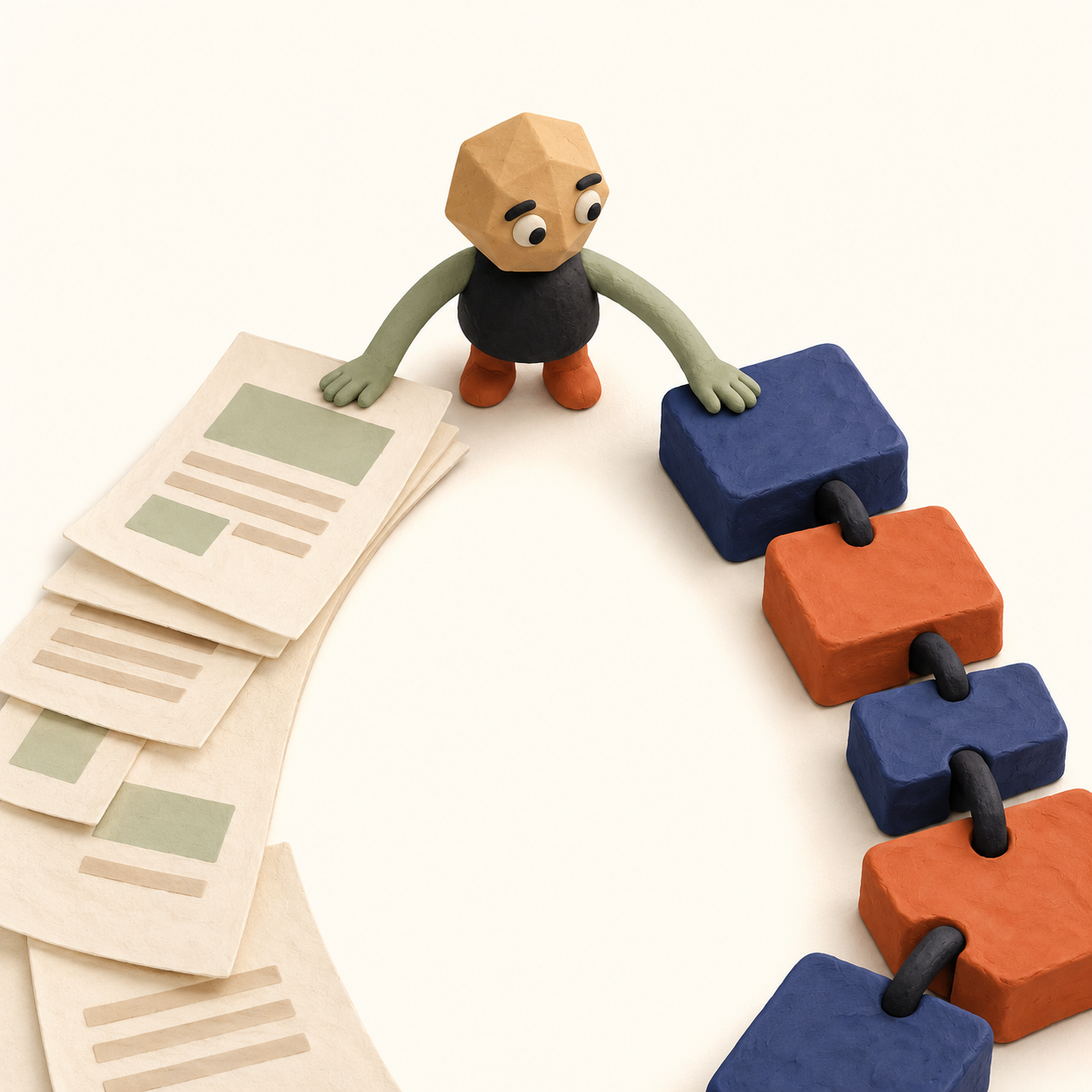 Créature en pâte à modeler devant un embranchement entre des feuilles HTML et des blocs reliés.