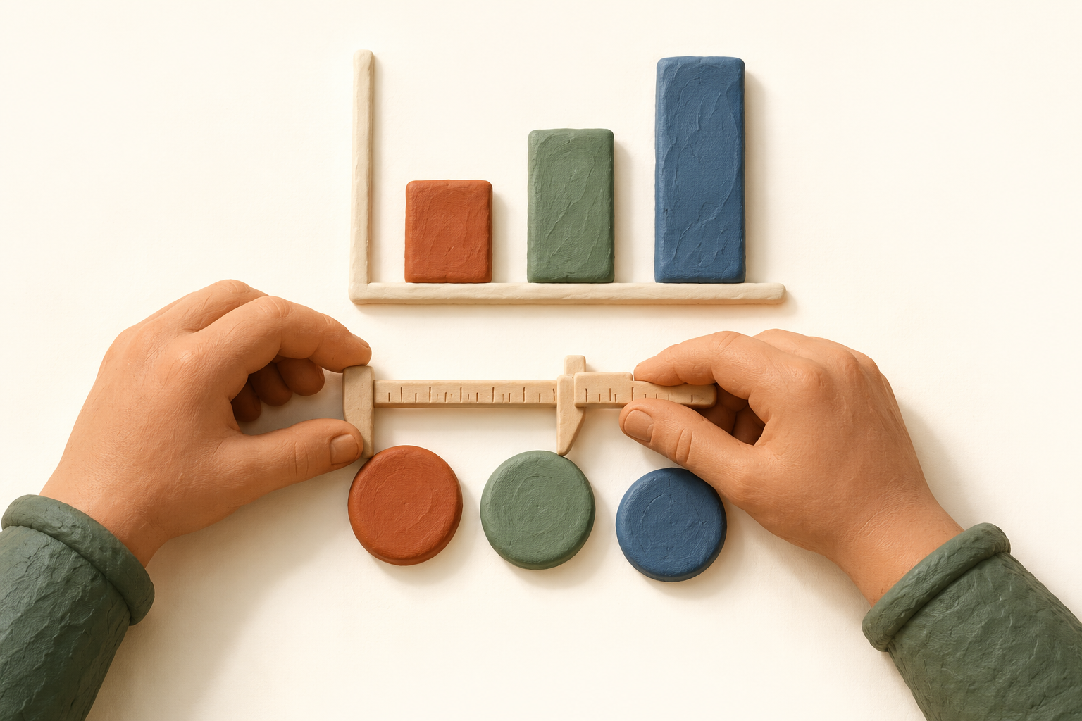 Deux mains en pâte à modeler mesurent trois jetons de couleur près d'un graphique en barres