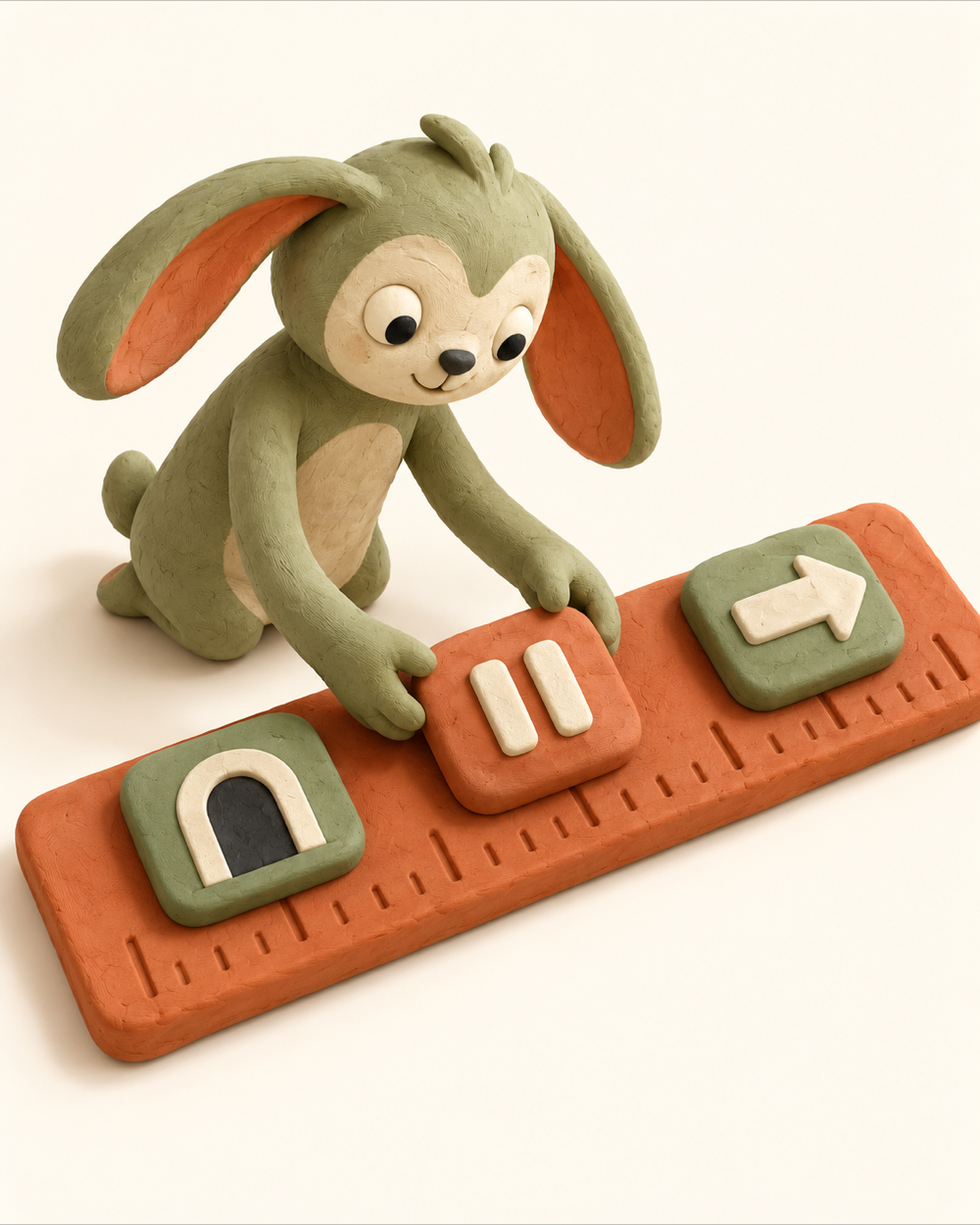 Illustration en plasticine d’une créature alignant des repères d’entrée, de pause et de sortie sur une timeline, pour expliquer le timing HyperFrames.