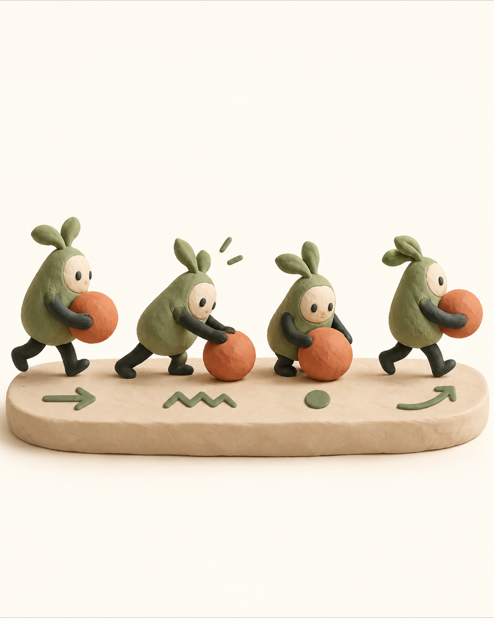 Illustration en plasticine de quatre positions d’un même geste, représentant la grammaire du mouvement dans une composition HyperFrames.