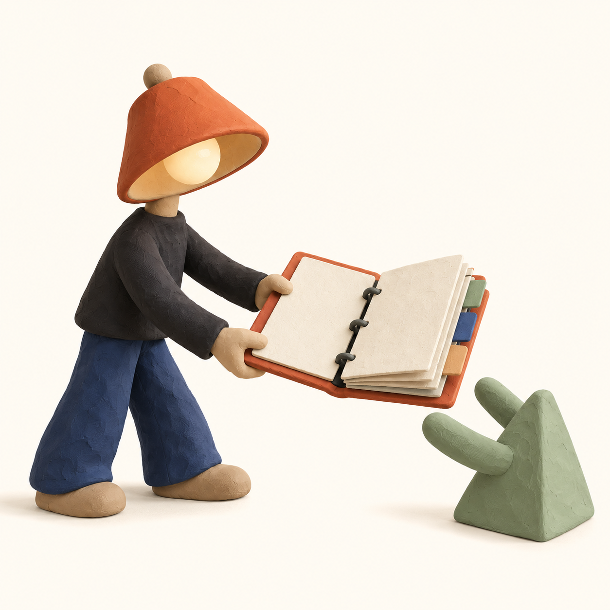 Personnage-lampe en pâte à modeler transmettant un dossier éditable à une forme géométrique.